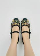 Black Floral Embroidered Mary Jane Flats