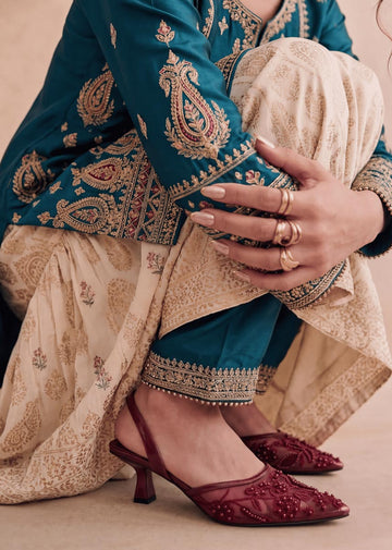 Bridal heels guide for Pakistani weddings 2026 — pearl embellished slingback heels and block heels by Laal Mahal