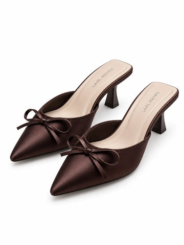 Brown Satin Bow Kitten Heels