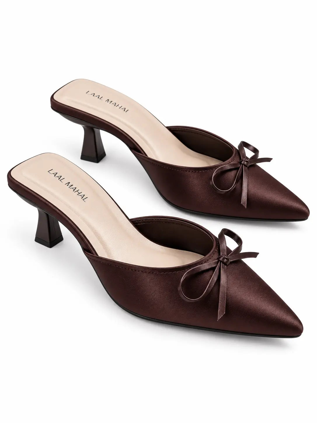 Brown Satin Bow Kitten Heels