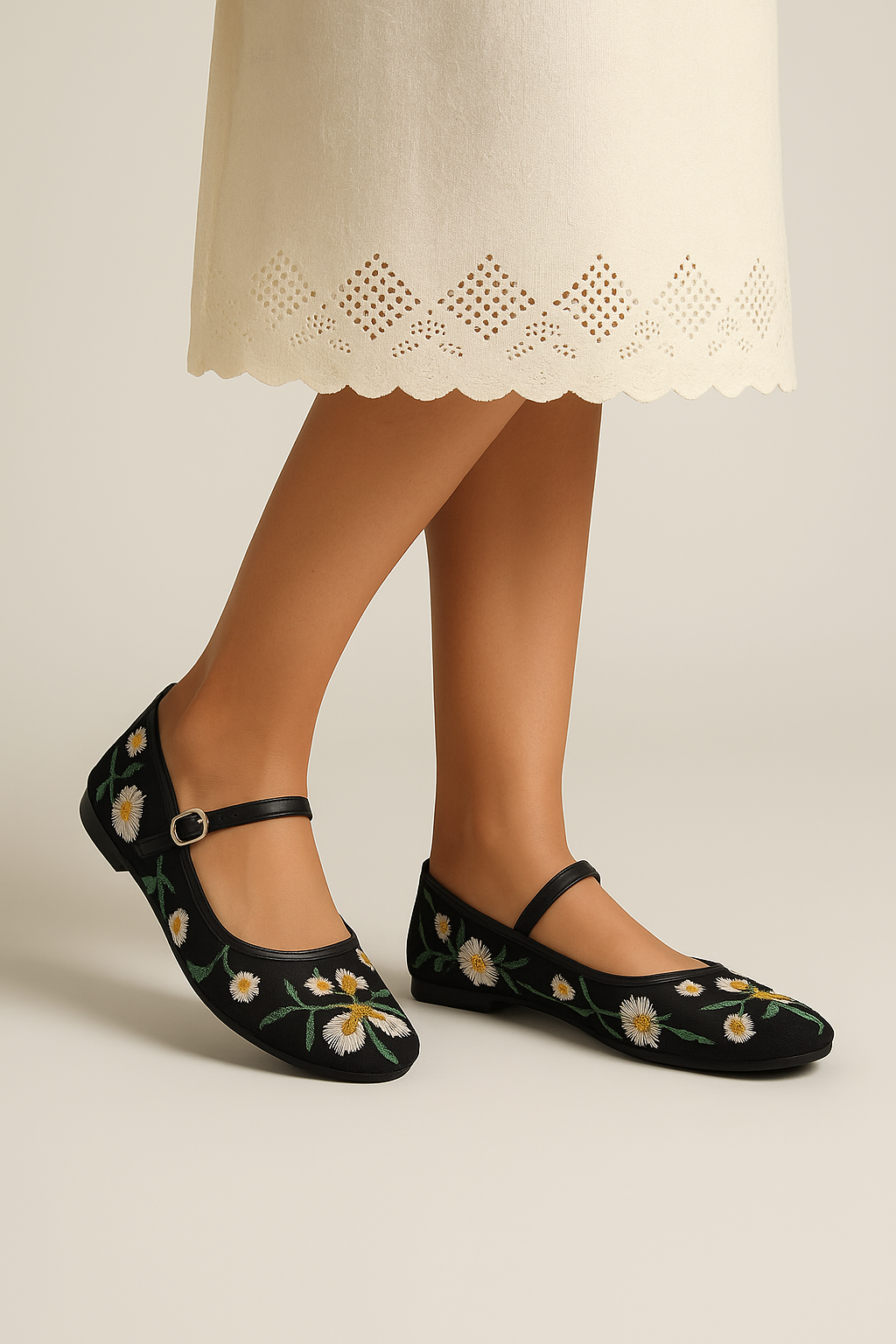 Black floral embroidered shoes worn with a white lace skirt on a neutral background