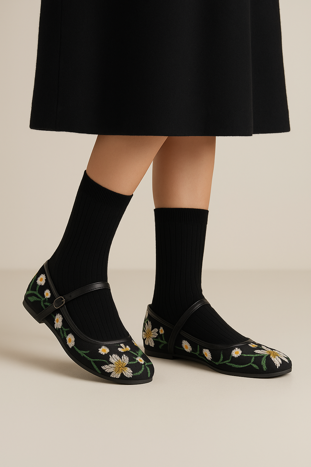 Black floral embroidered shoes worn with black socks and a black skirt on a beige background