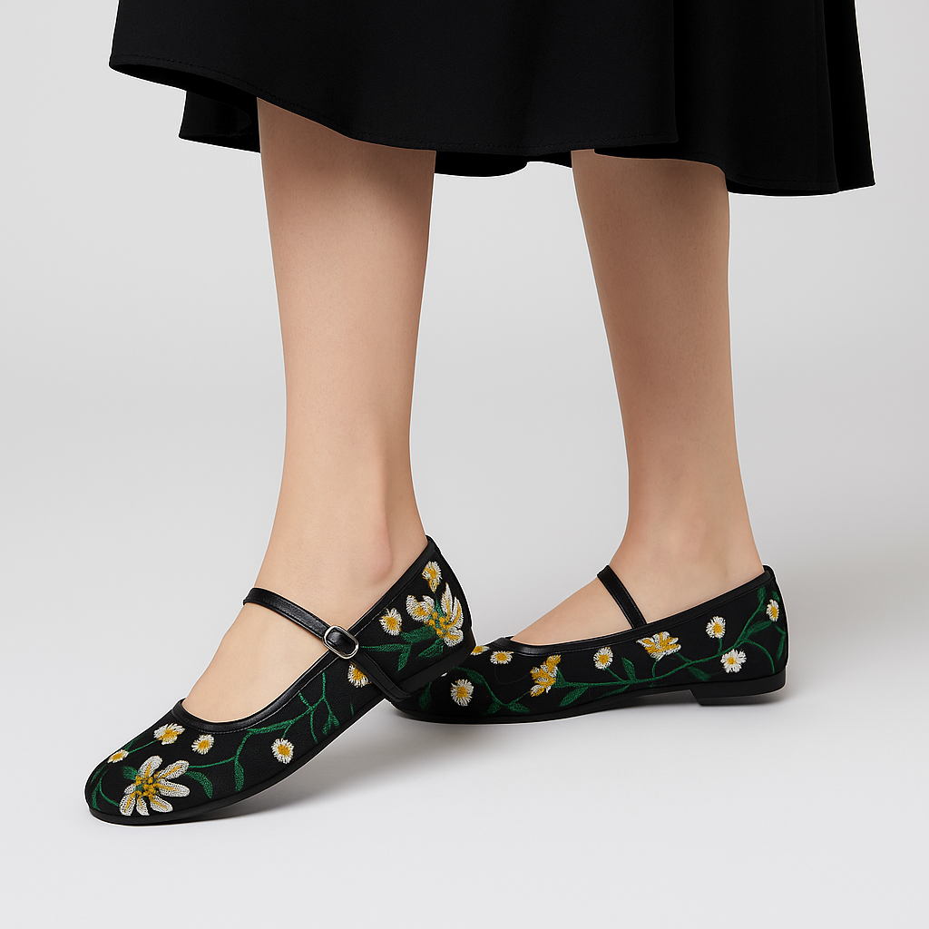 Black floral embroidered shoes worn with a black skirt on a light gray background