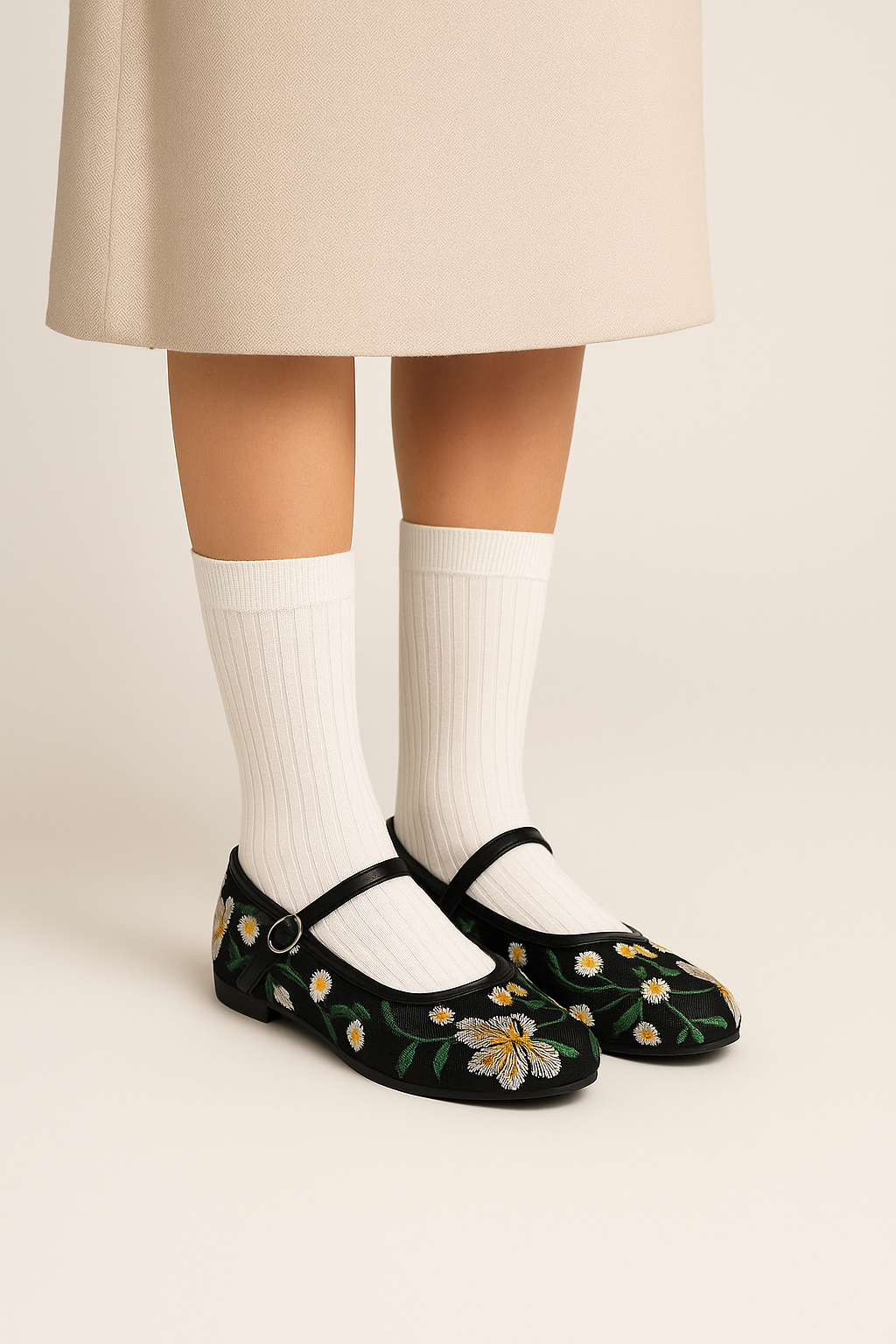 Model wearing Laal Mahal black mesh Mary Jane flats with white and yellow daisy embroidery with white socks on a white background