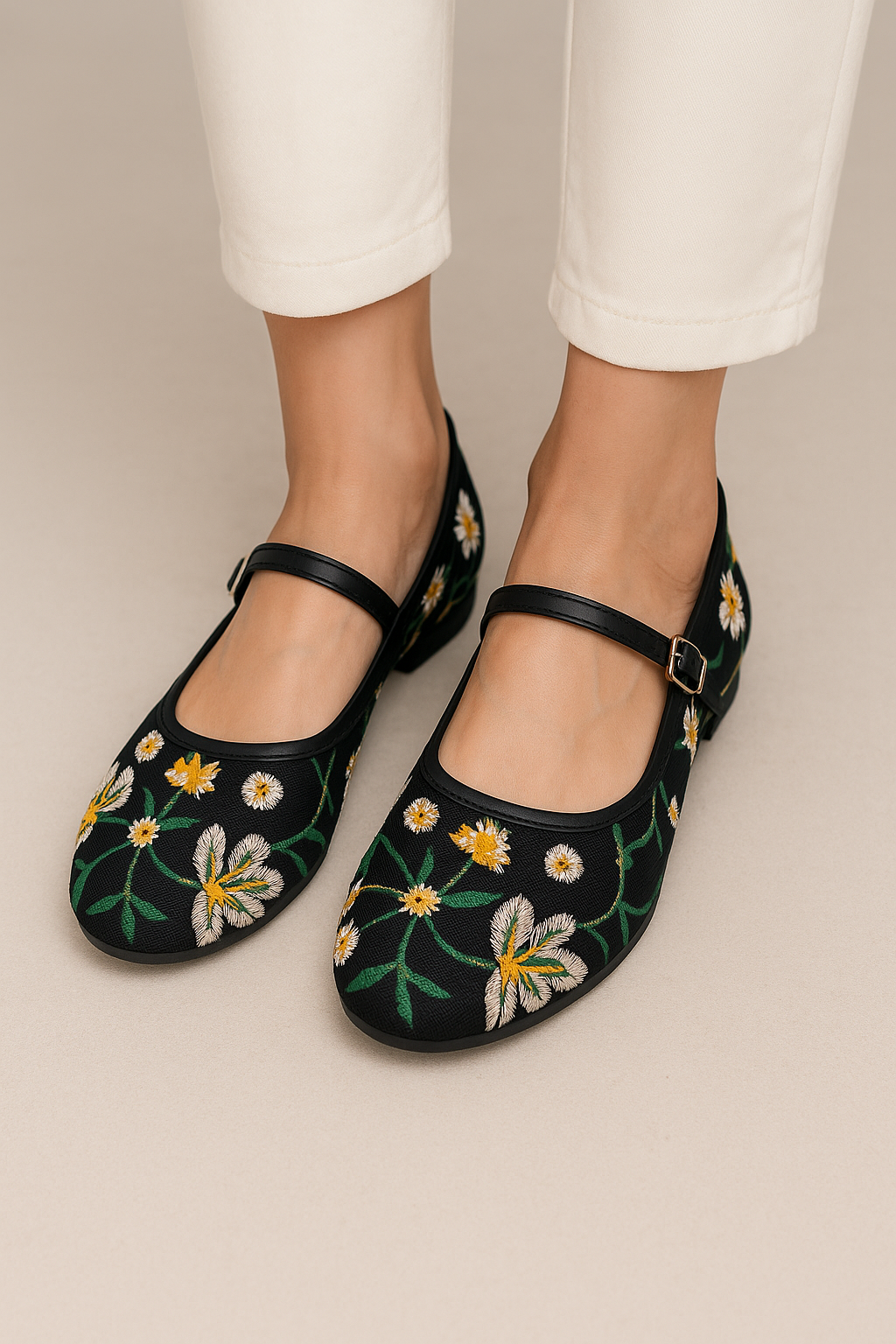 Model wearing Laal Mahal black mesh Mary Jane flats with white and yellow daisy embroidery, viewed from above on a white background
