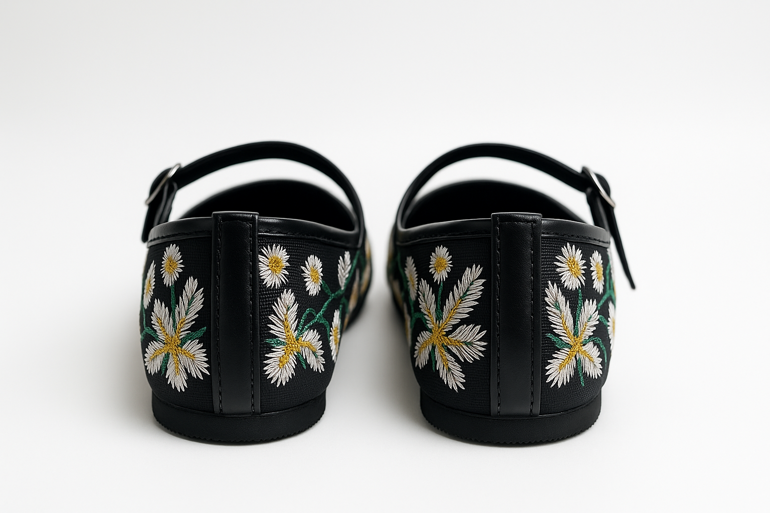Model wearing Laal Mahal black mesh Mary Jane flats with white and yellow daisy embroidery, viewed from above on a white background