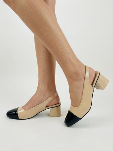 Beige & Black Slingback Block Heels