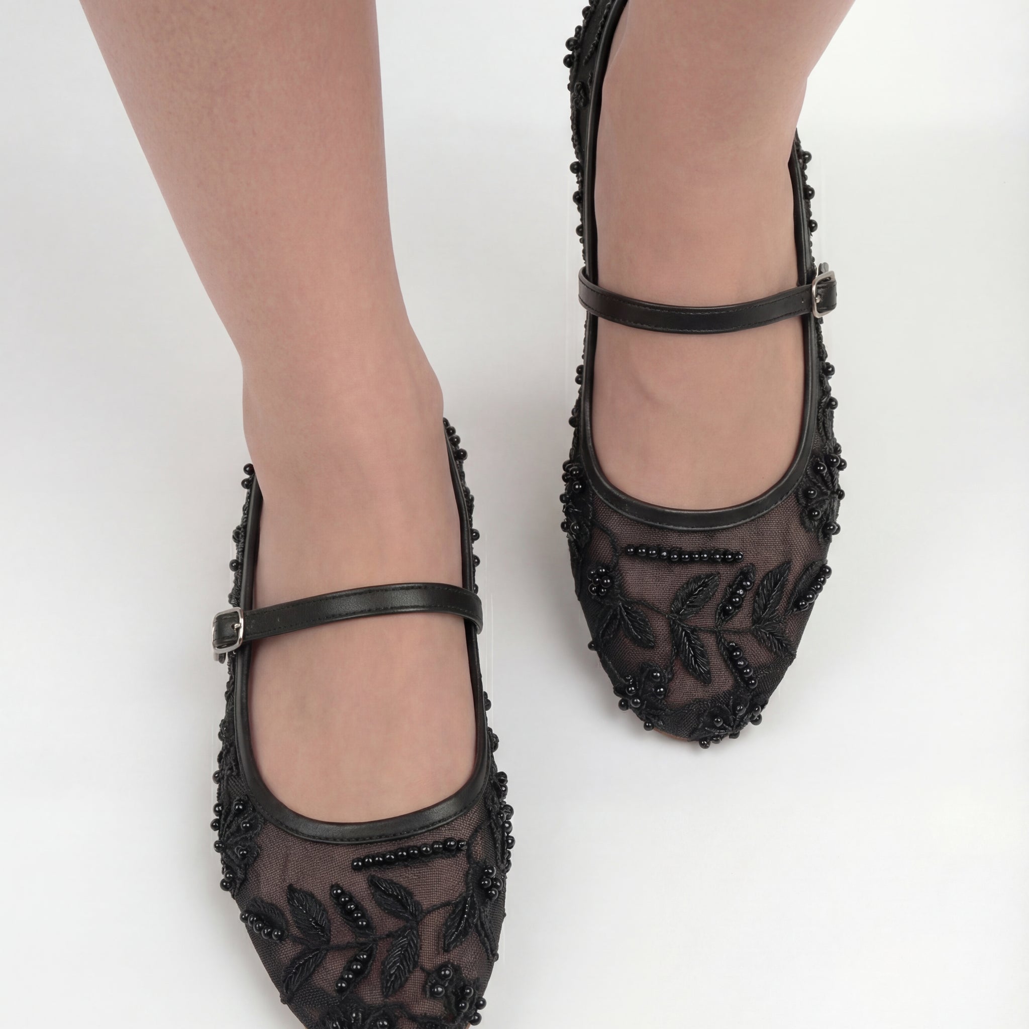 Black Embroidered Mesh Ballerinas