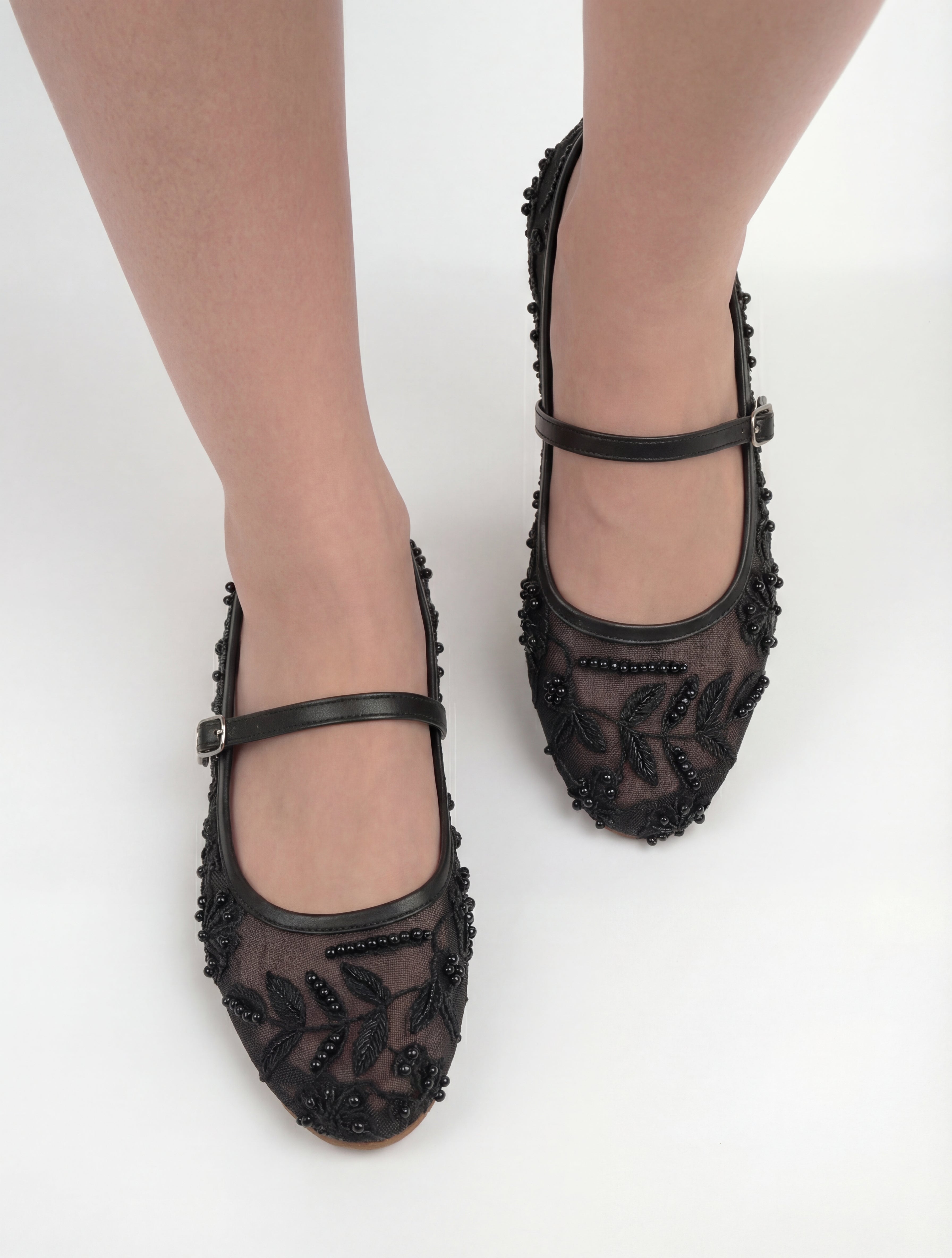 Black Embroidered Mesh Ballerinas