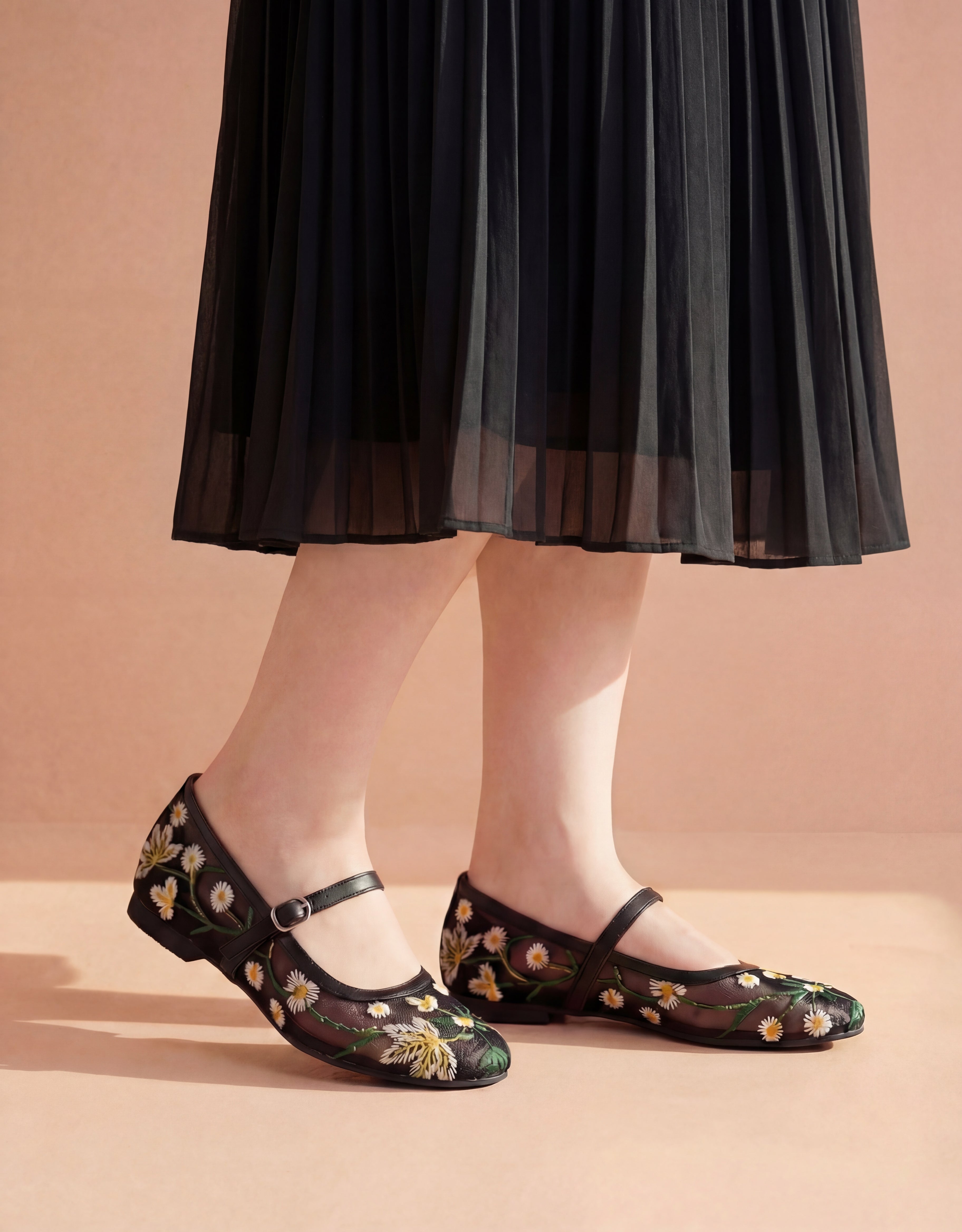 Black Floral Embroidered Mary Jane Flats