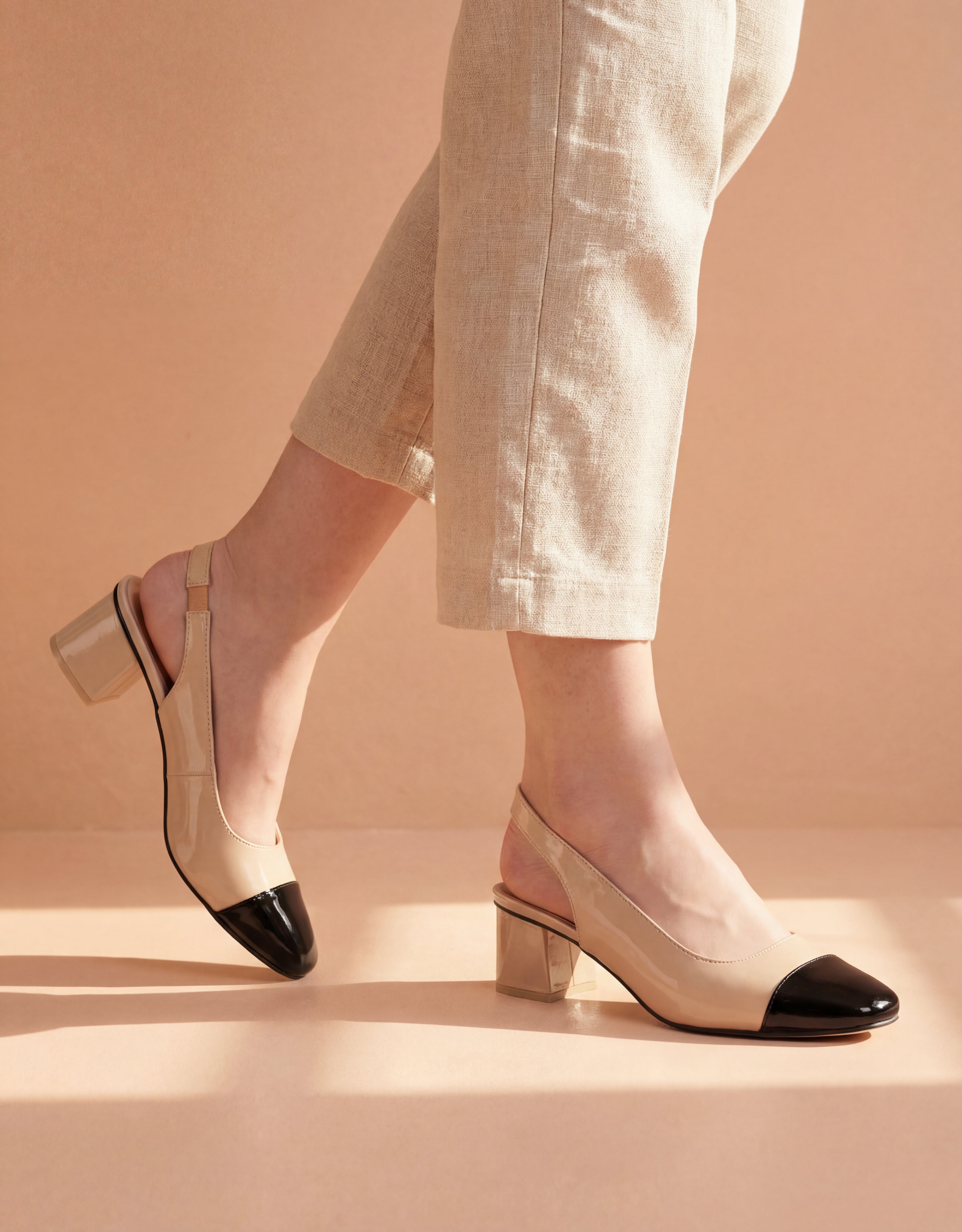 Beige & Black Slingback Block Heels