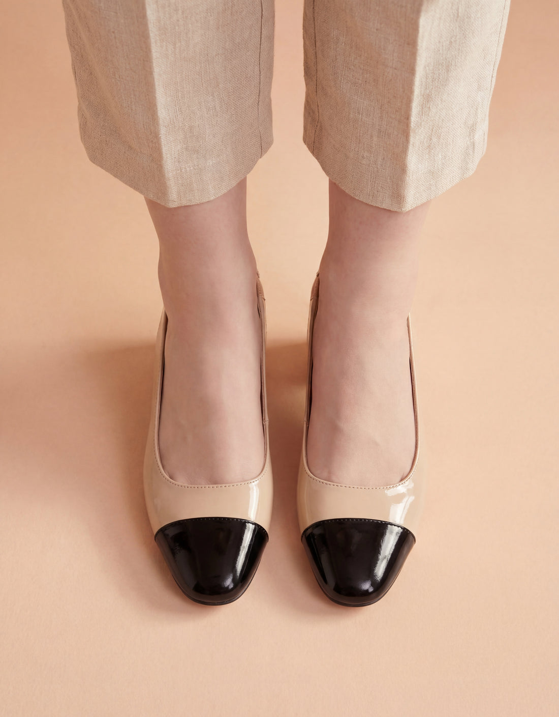 Beige & Black Slingback Block Heels