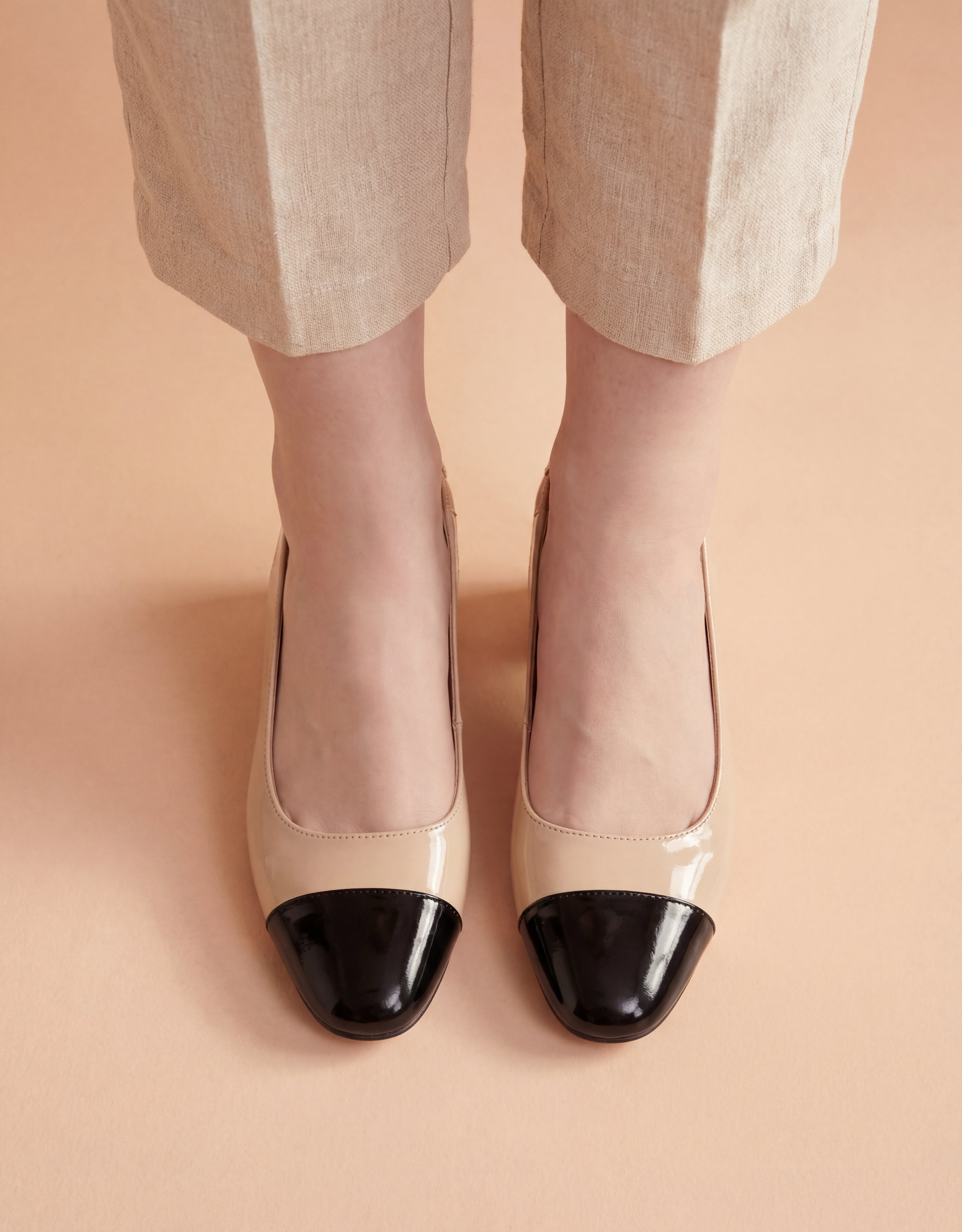 Beige & Black Slingback Block Heels