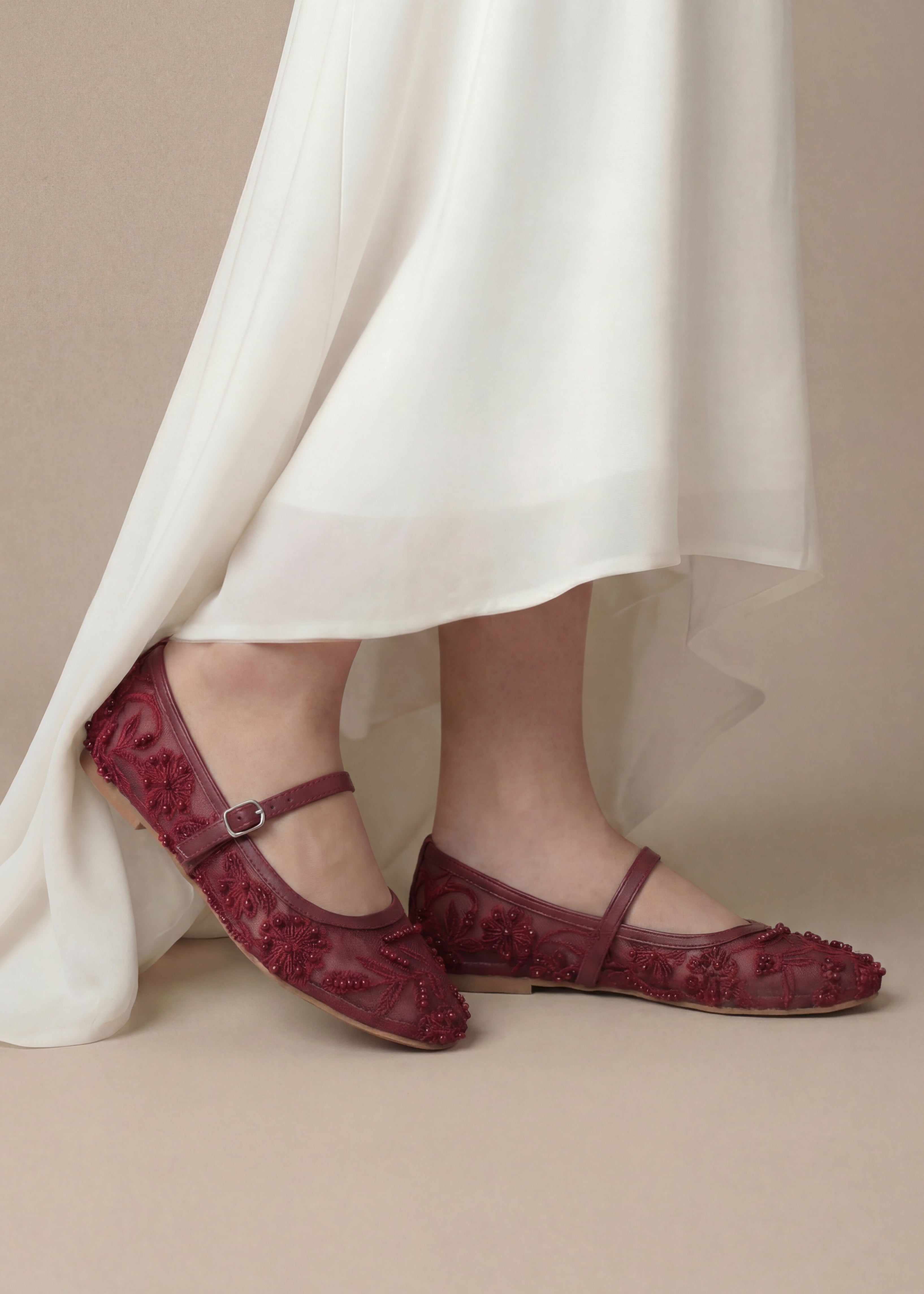 Maroon Embroidered Mesh Ballerinas