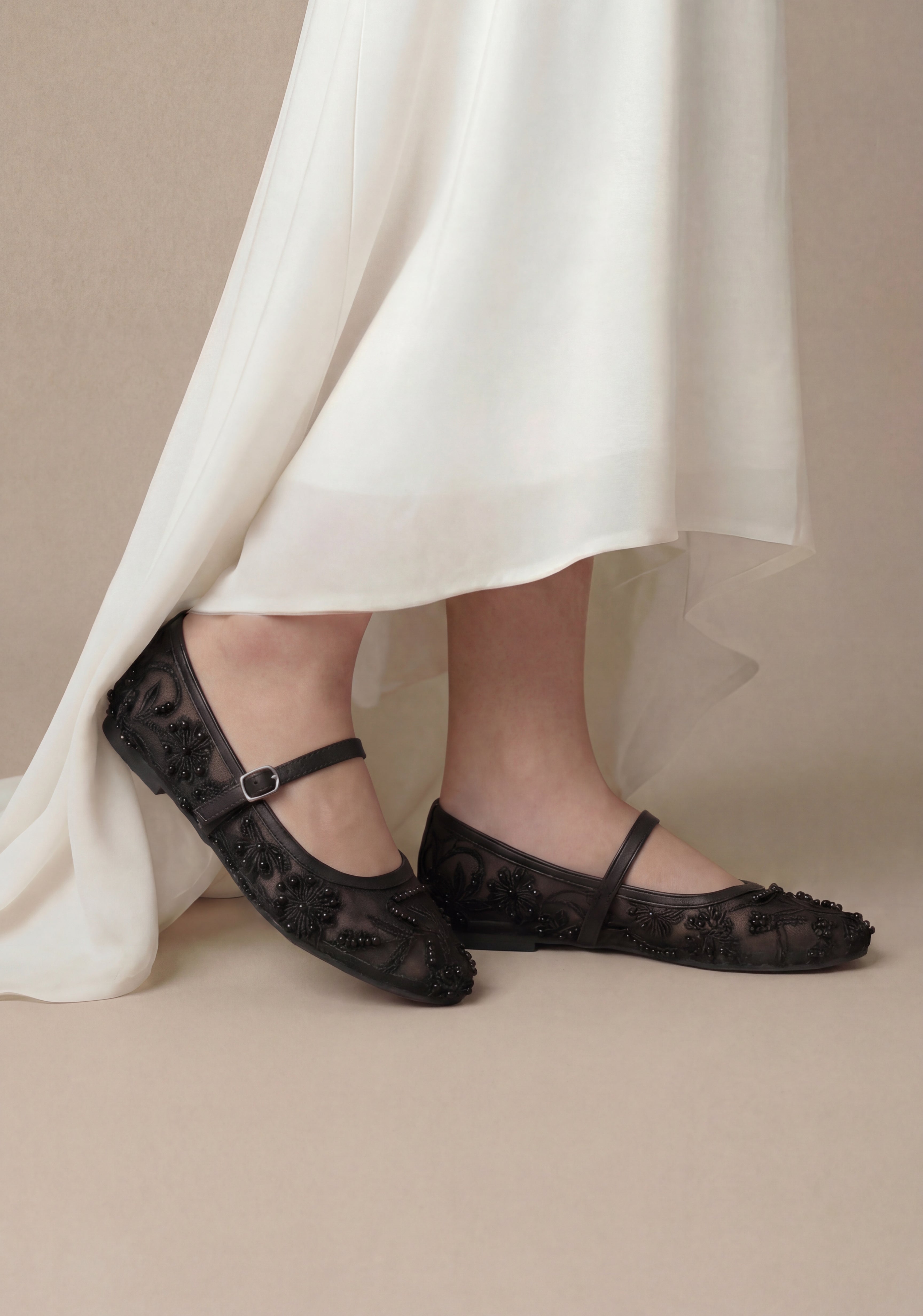 Black Embroidered Mesh Ballerinas