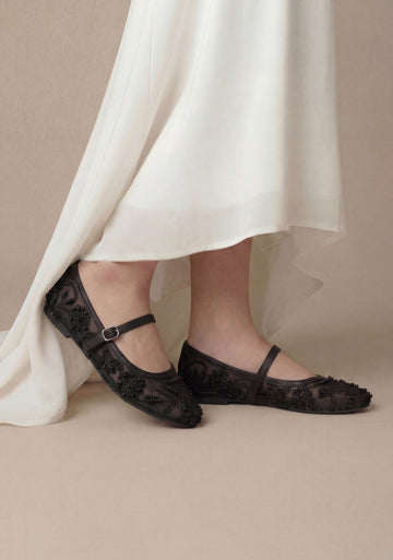 Black Embroidered Mesh Ballerinas