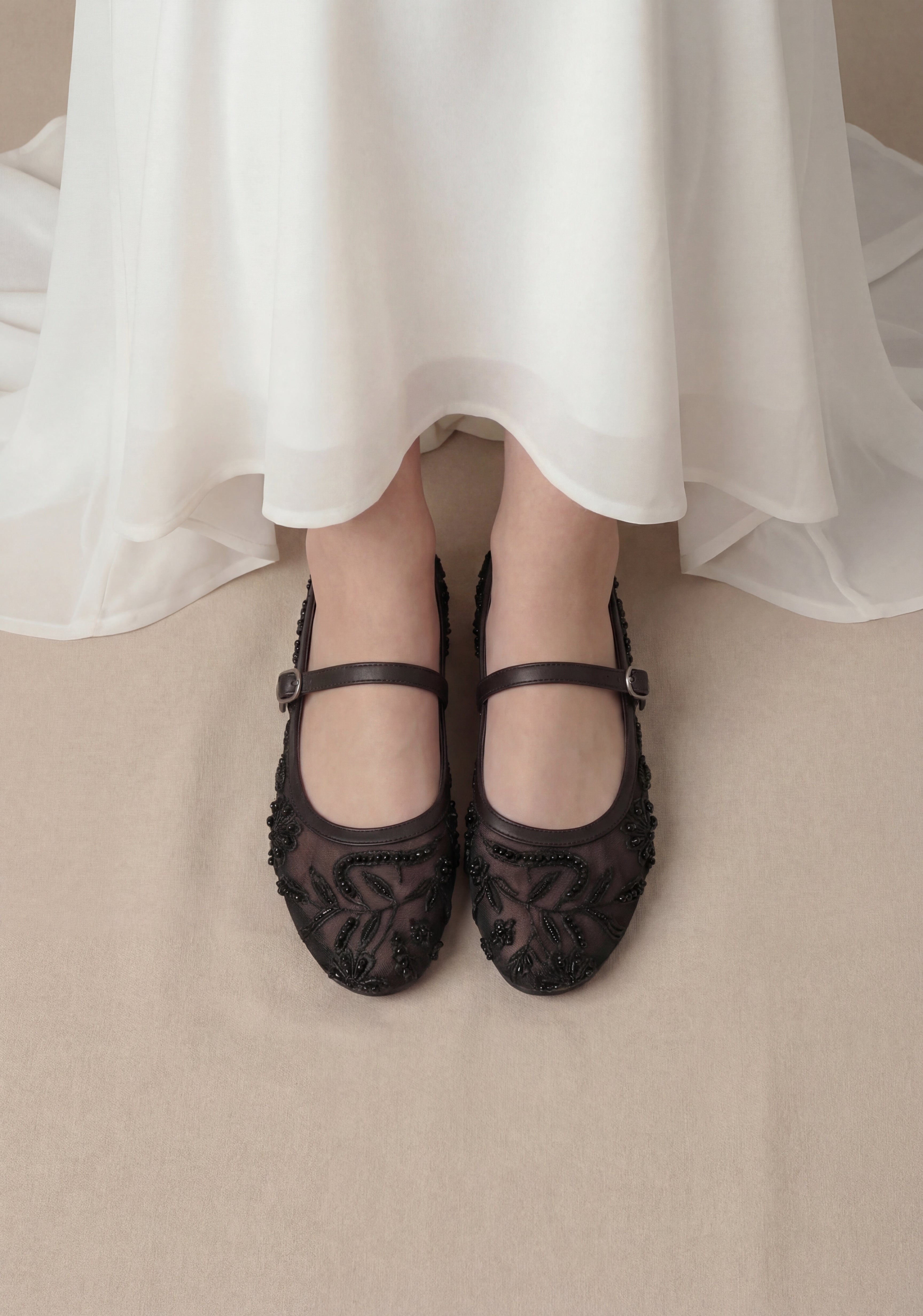 Black Embroidered Mesh Ballerinas