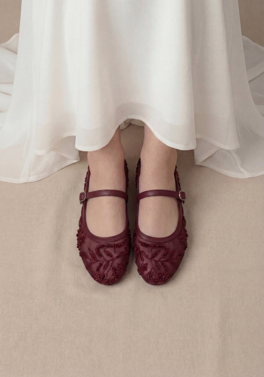 Maroon Embroidered Mesh Ballerinas