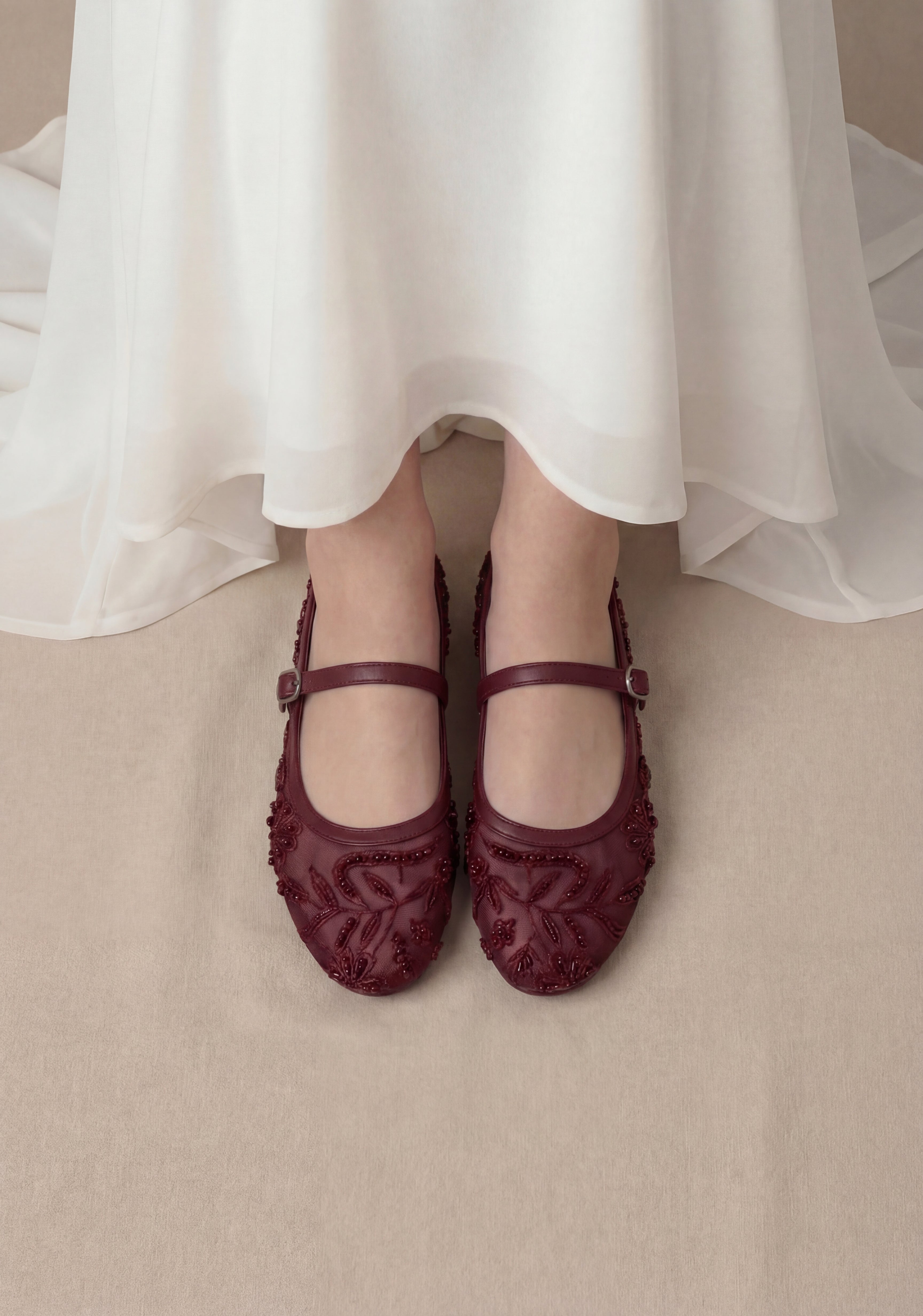 Maroon Embroidered Mesh Ballerinas