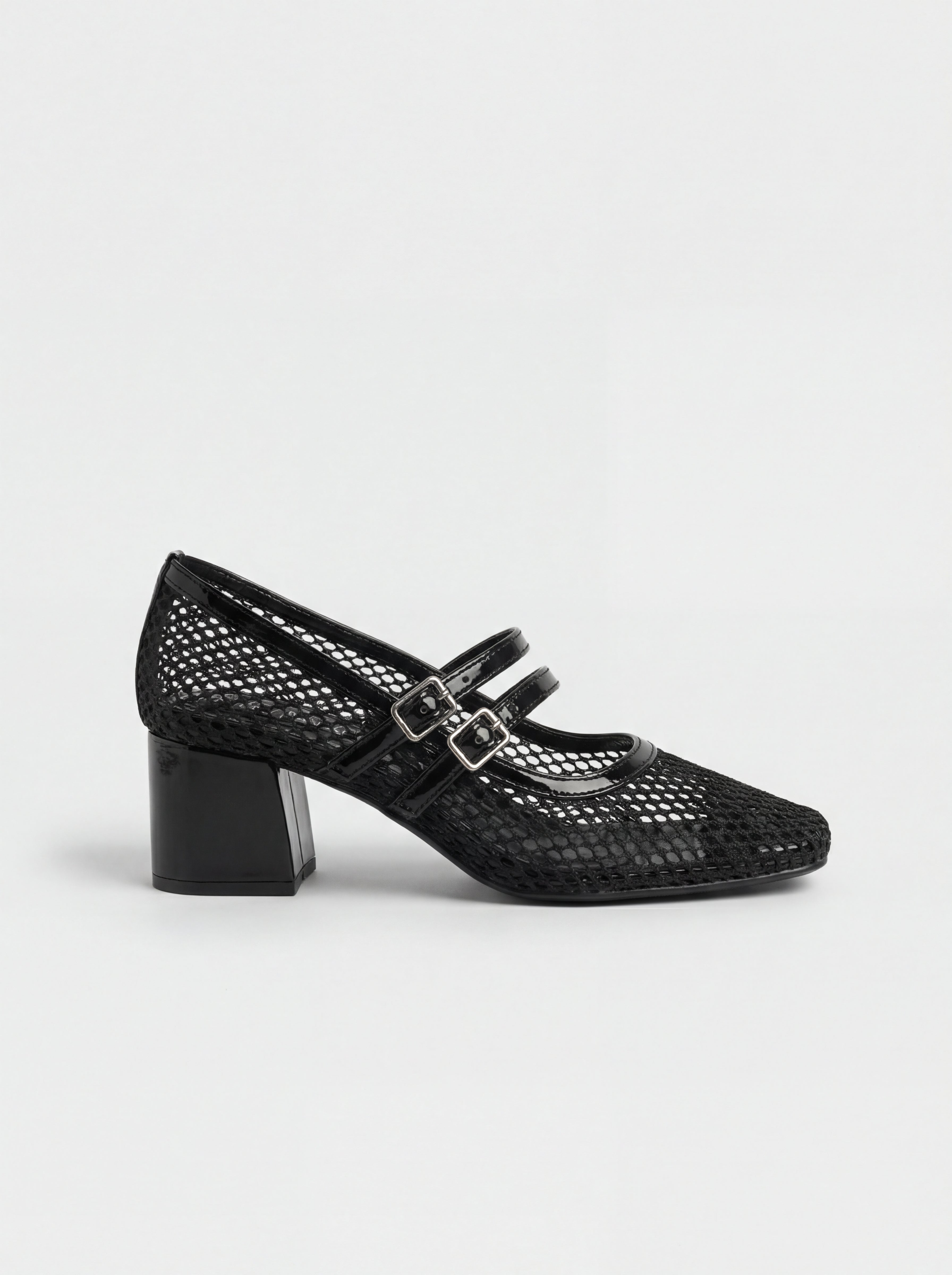Black Mesh Block Heels