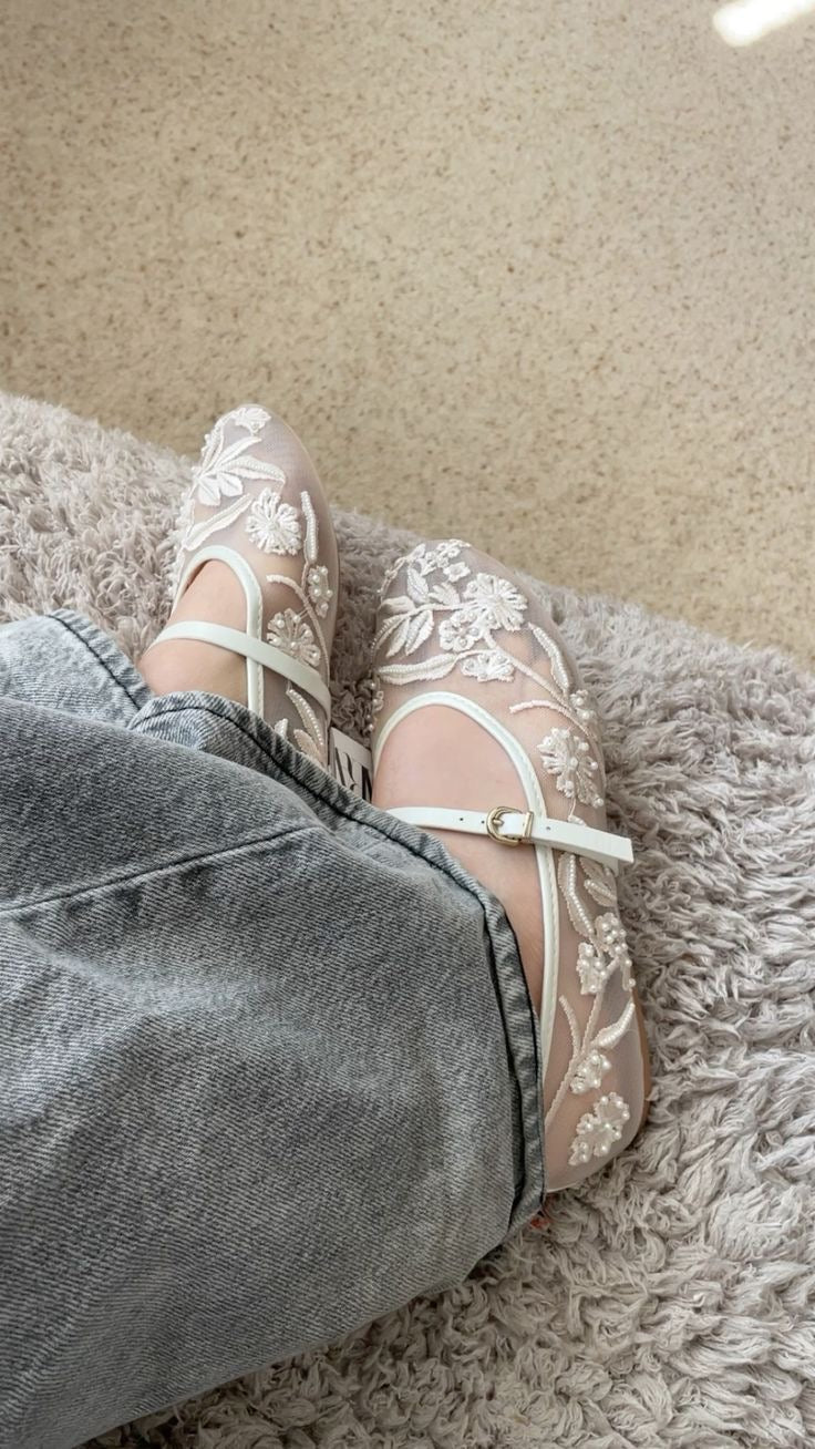 White Embroidered Mesh Ballerinas