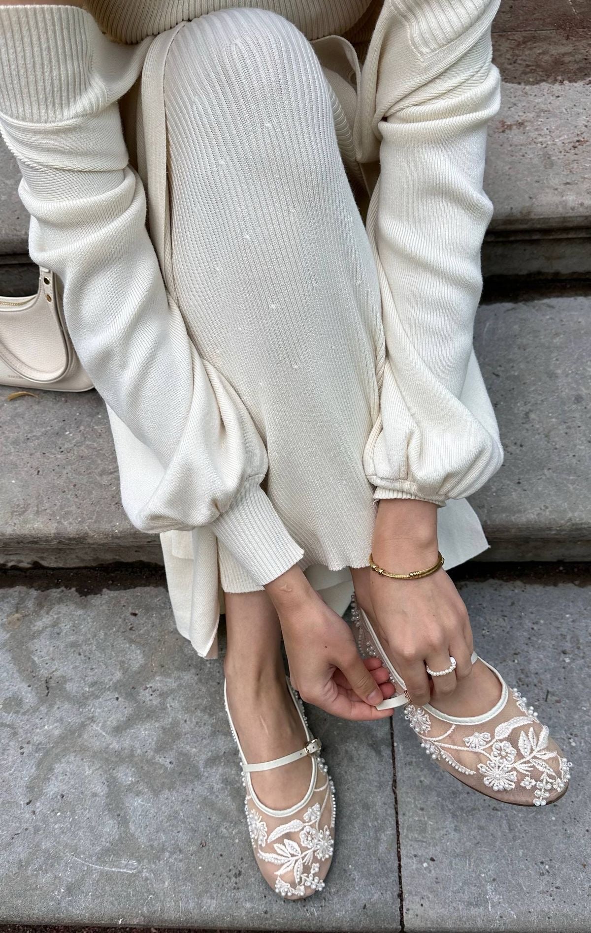 White Embroidered Mesh Ballerinas