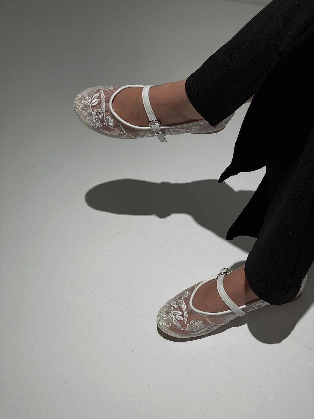 White Embroidered Mesh Ballerinas