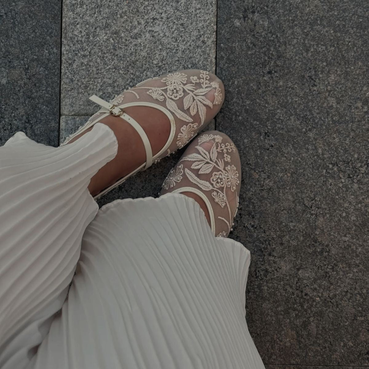 White Embroidered Mesh Ballerinas