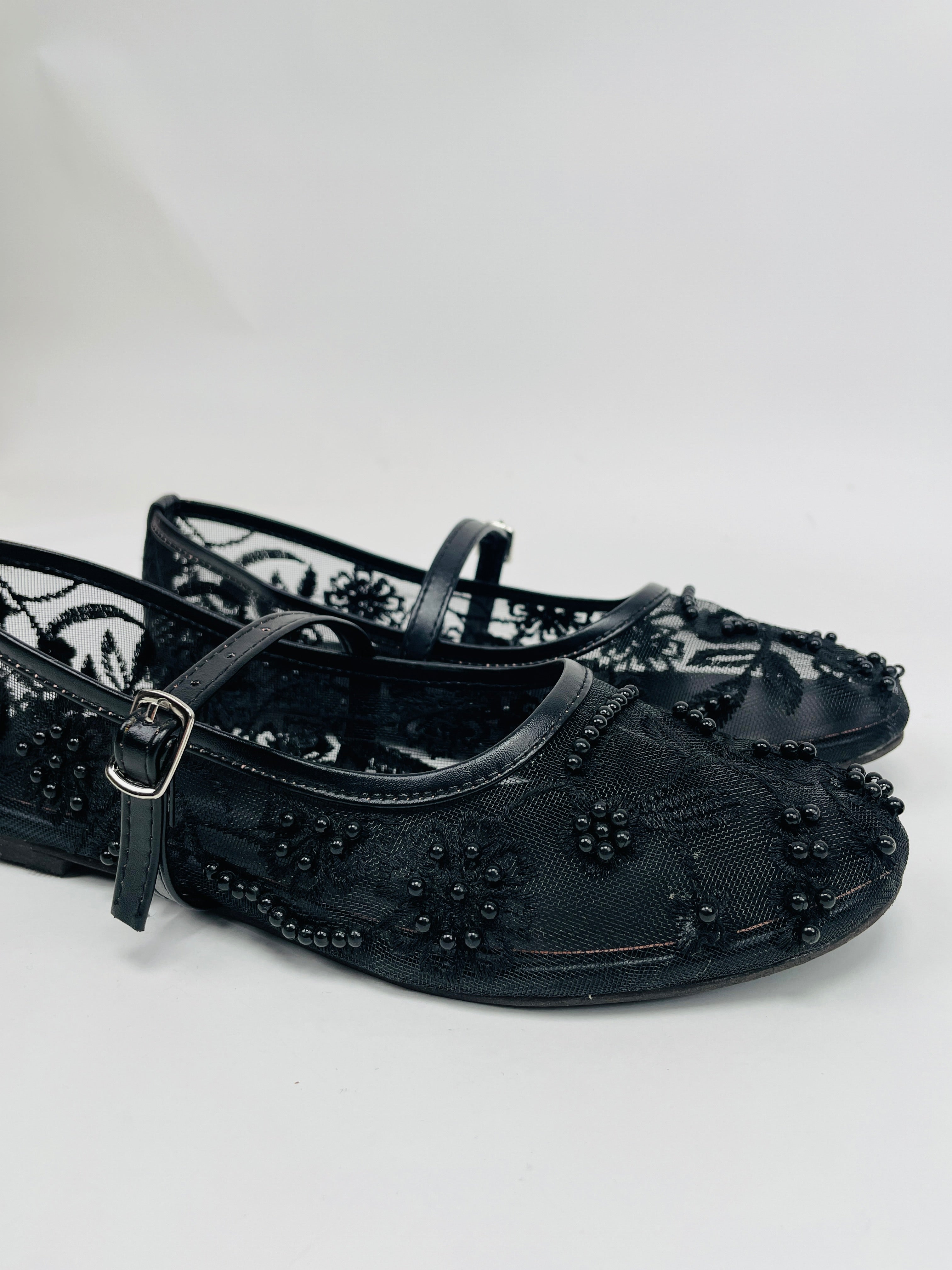 Black Embroidered Mesh Ballerinas
