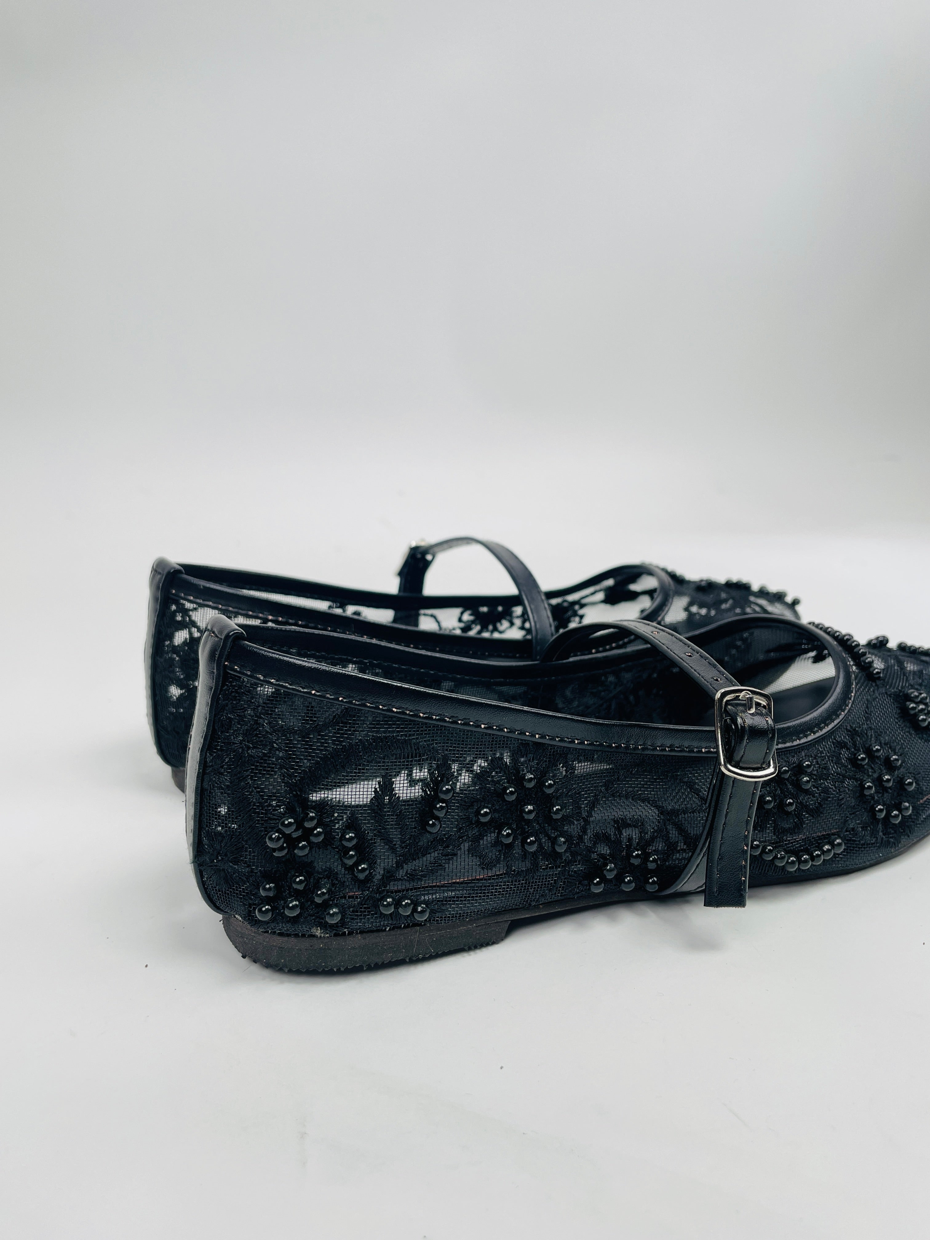 Black Embroidered Mesh Ballerinas