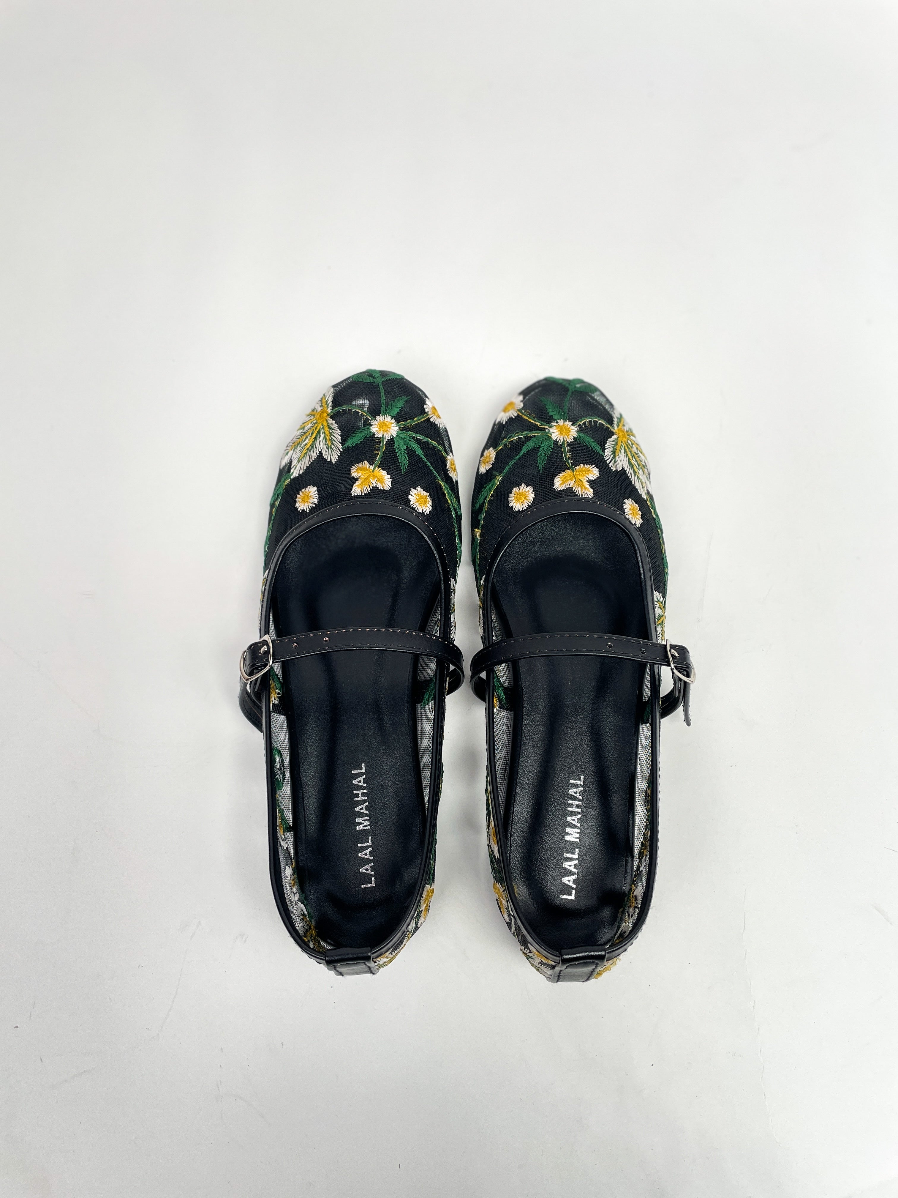 Black Floral Embroidered Mary Jane Flats