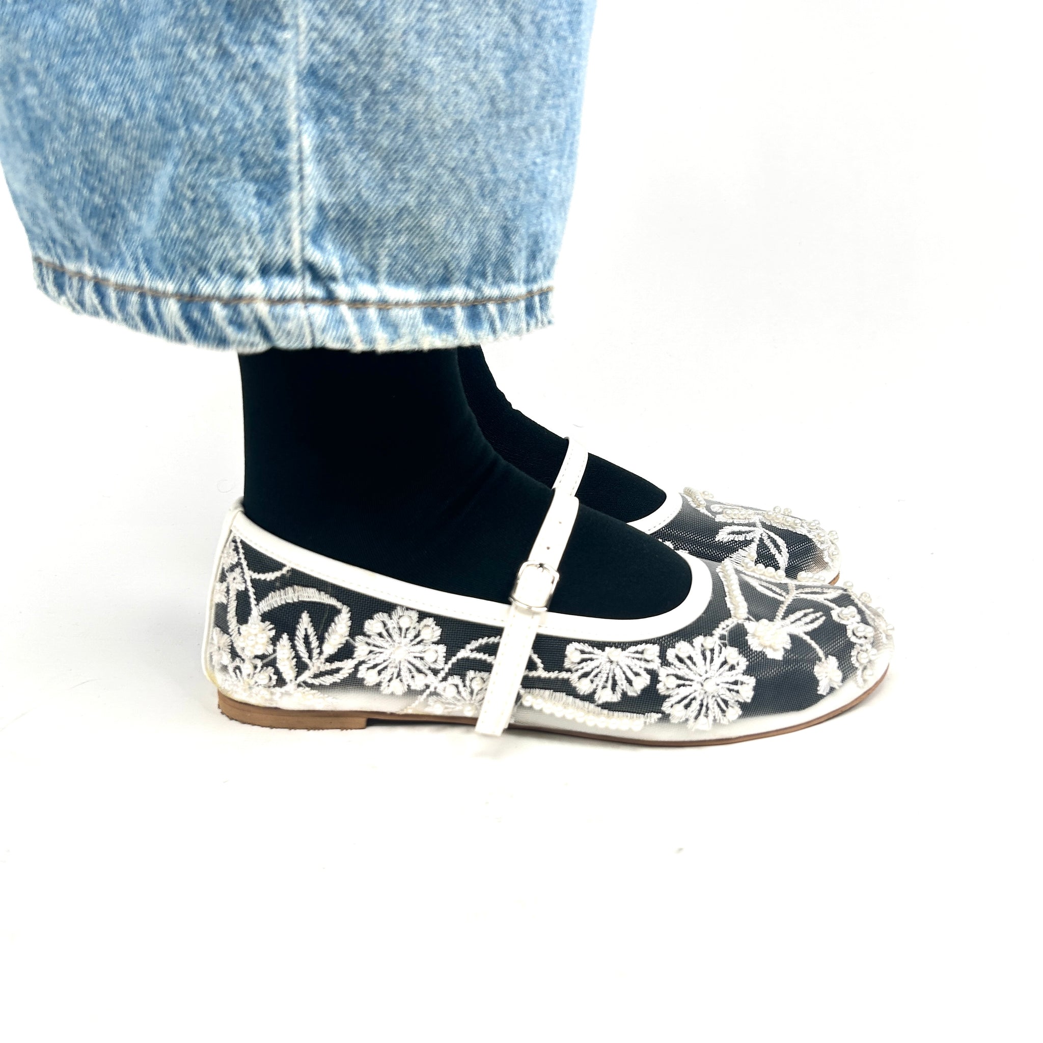 White Embroidered Mesh Ballerinas