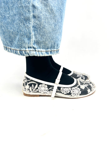 White Embroidered Mesh Ballerinas