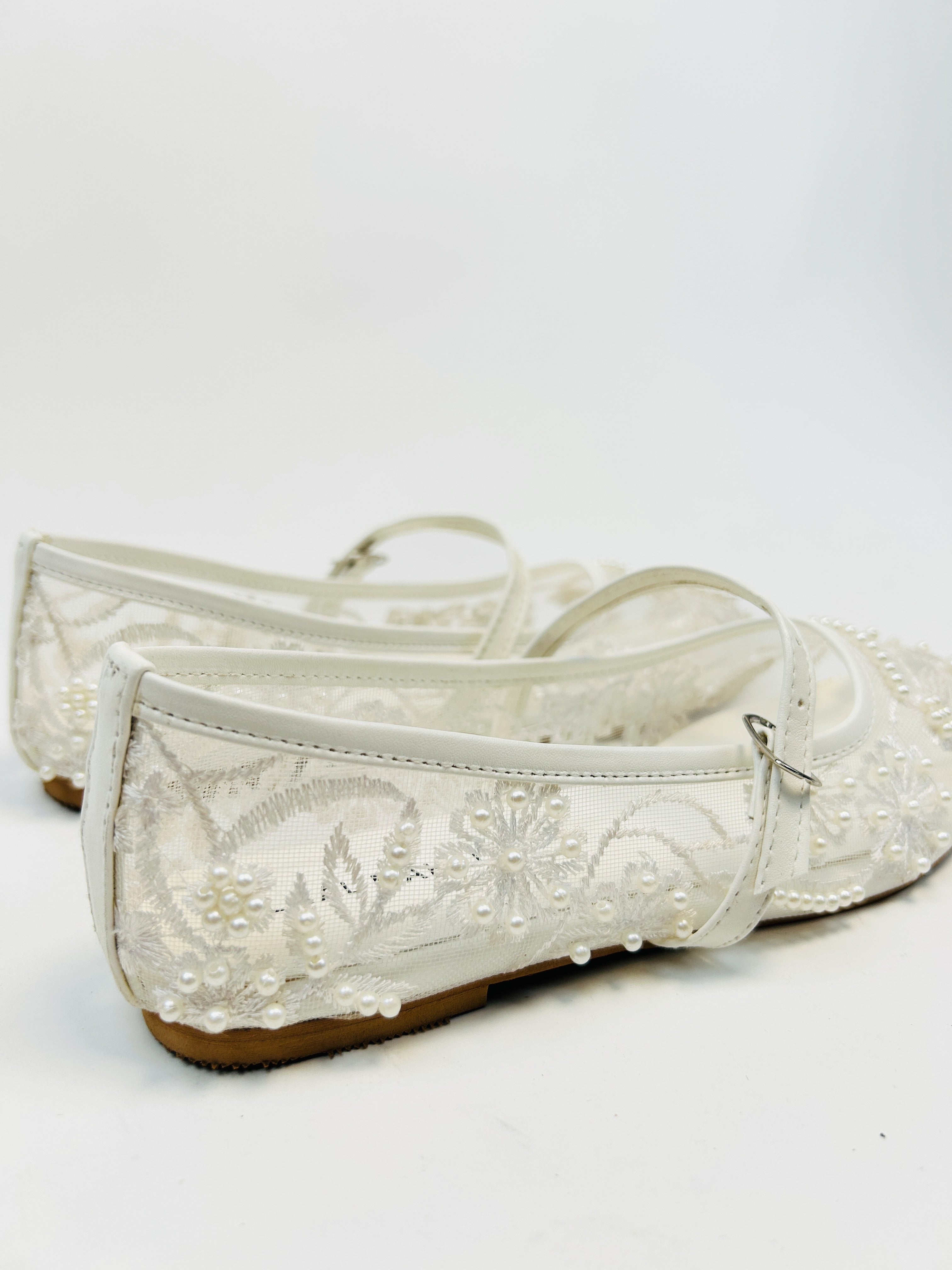 White Embroidered Mesh Ballerinas