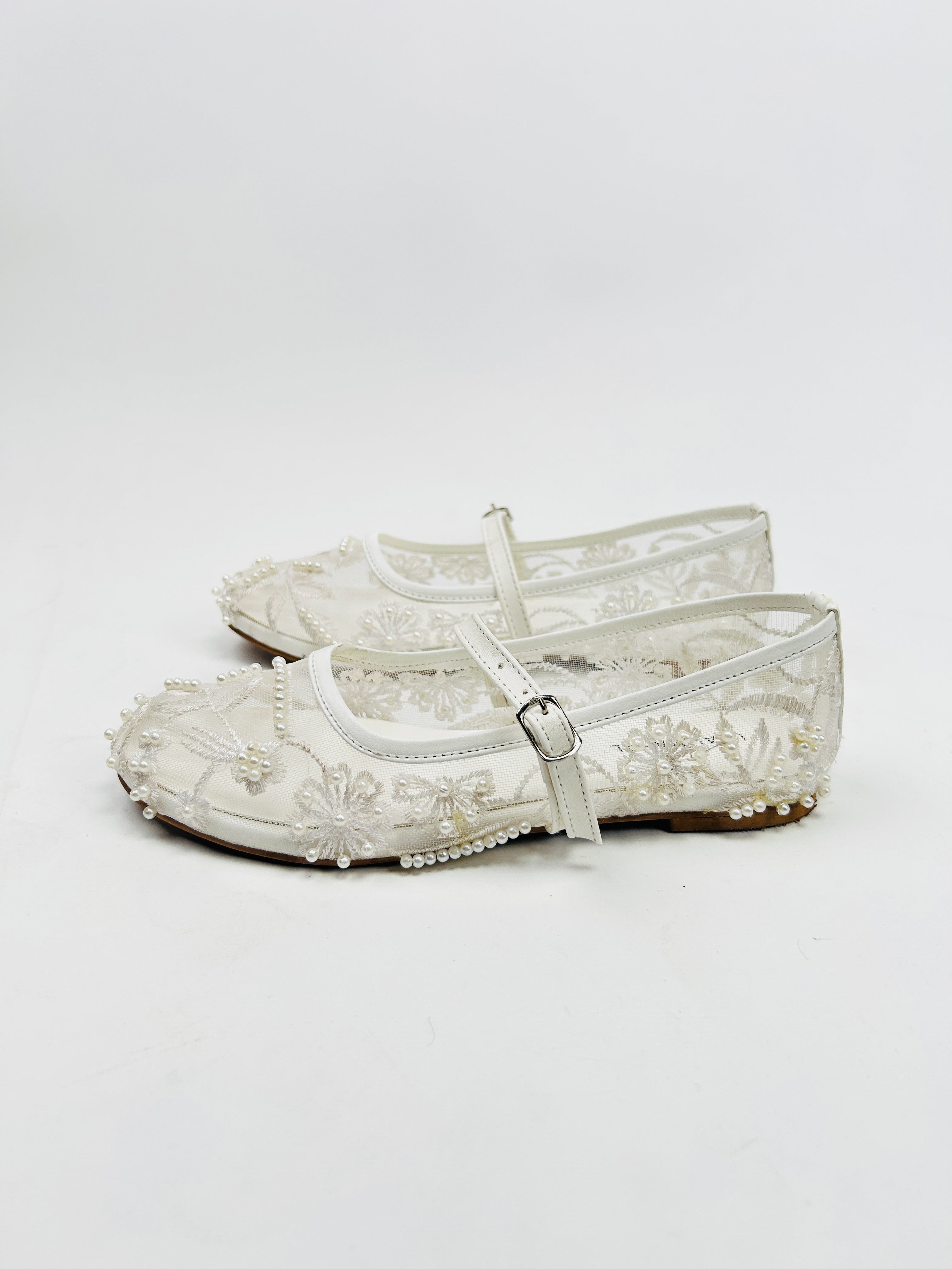 White Embroidered Mesh Ballerinas