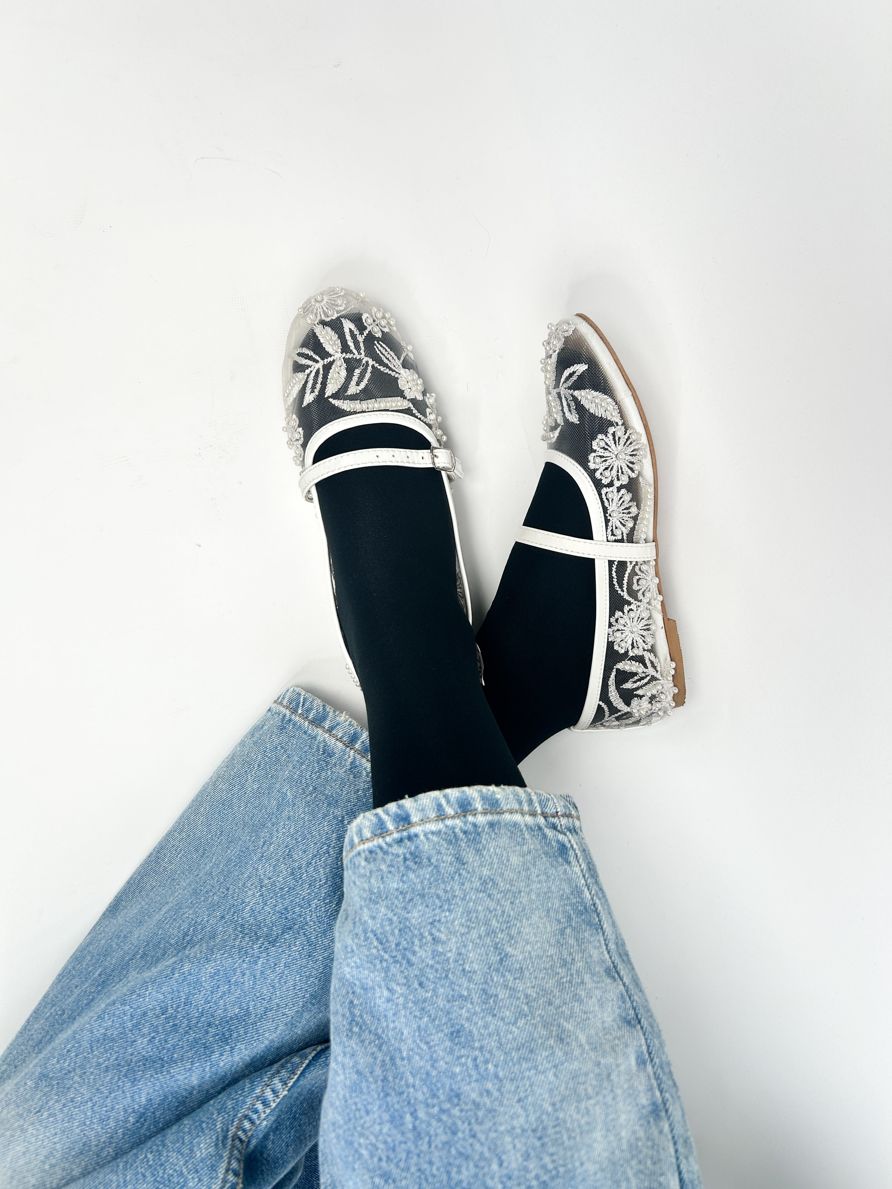 White Embroidered Mesh Ballerinas