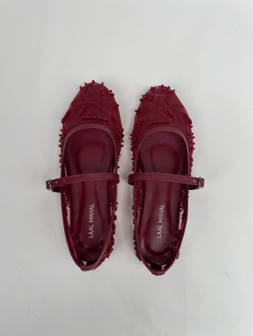 Maroon Embroidered Mesh Ballerinas