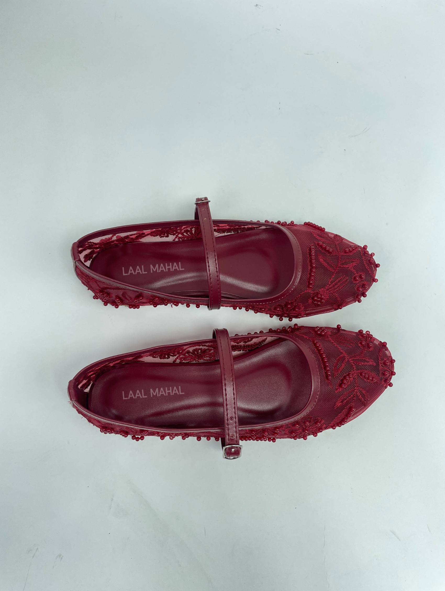 Maroon Embroidered Mesh Ballerinas