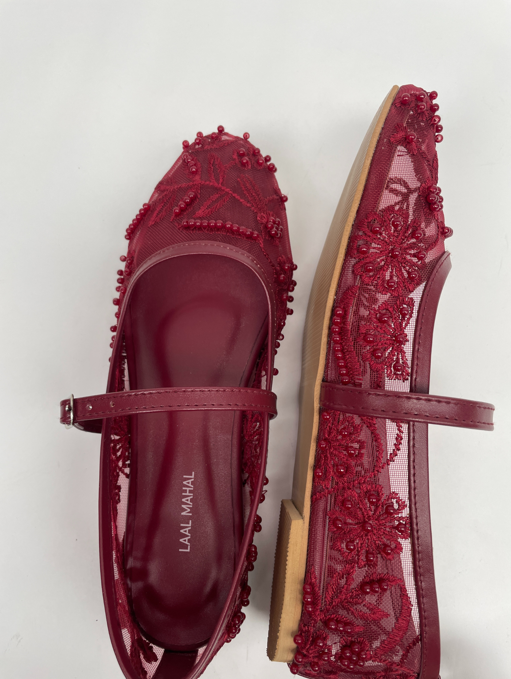 Maroon Embroidered Mesh Ballerinas