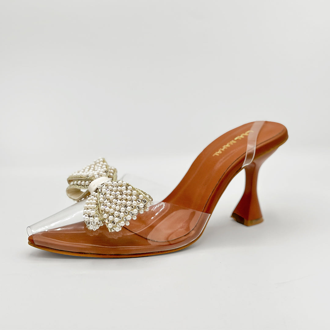 Laal Mahal luxe pearl bow transparent slingback kitten heels for women