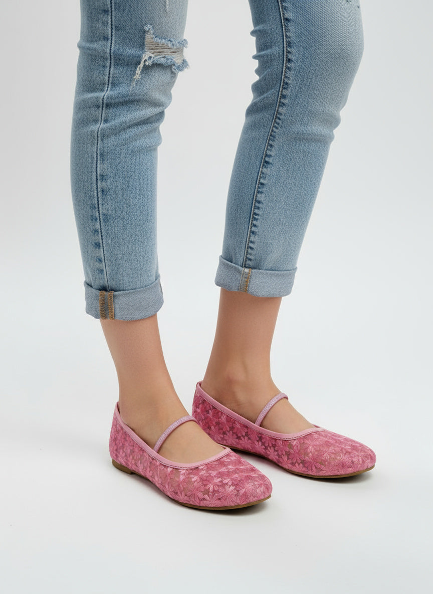 Pink Floral Embroidered Mary Janes