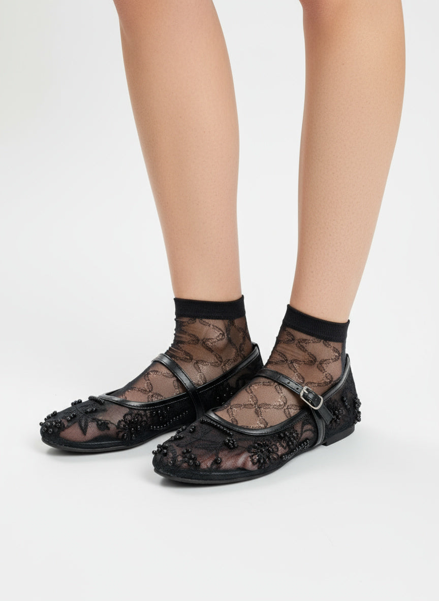 Black Embroidered Mesh Ballerinas