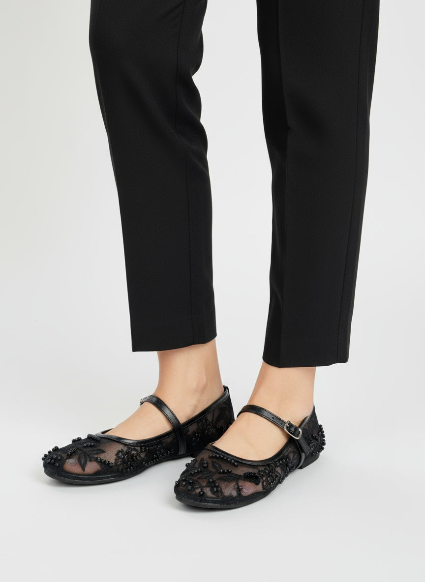 Black Embroidered Mesh Ballerinas