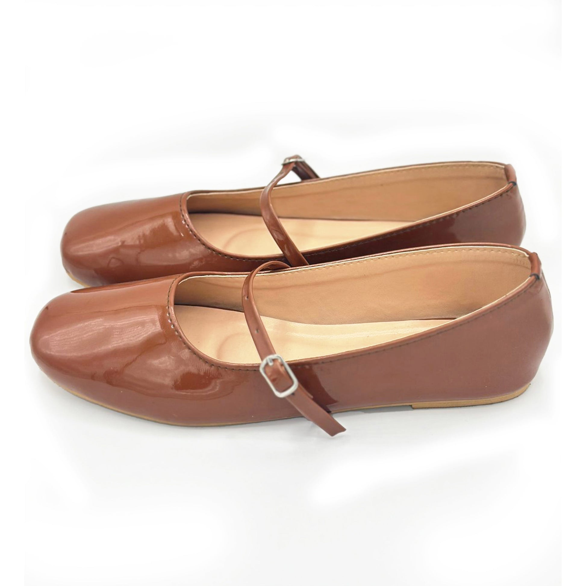 Mocha brown patent leather mary jane flat shoes pair diagonal view Pakistan — Laal Mahal