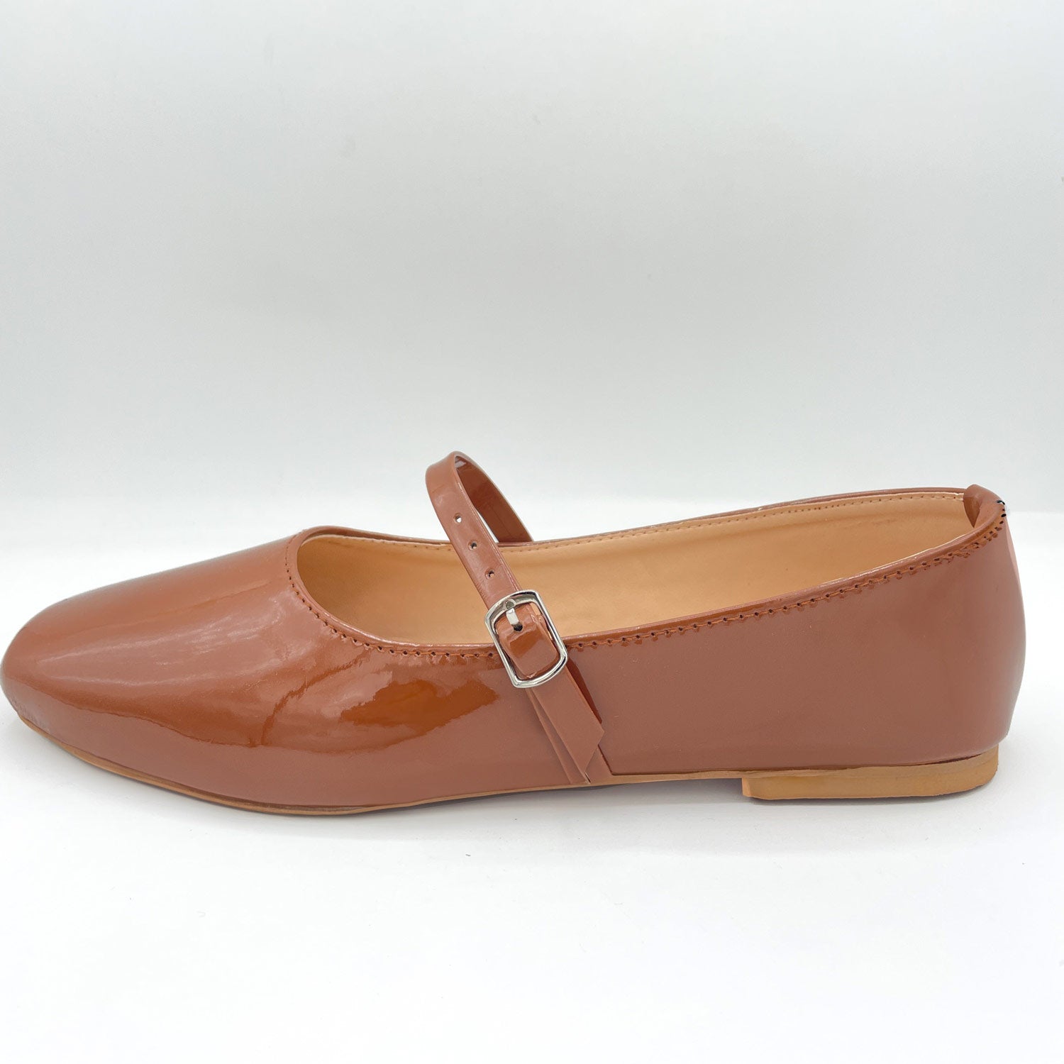 Mocha brown patent leather mary jane flat shoe side profile single view Pakistan — Laal Mahal
