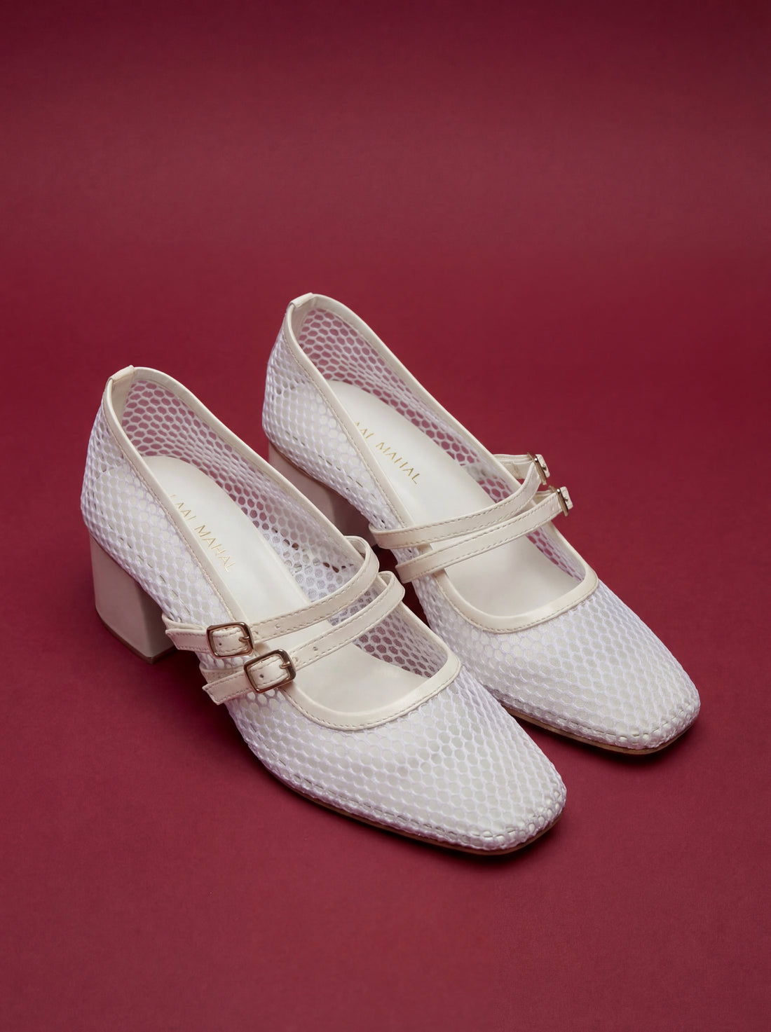 White mesh Mary Jane block heels for women with double buckle straps and closed toe design