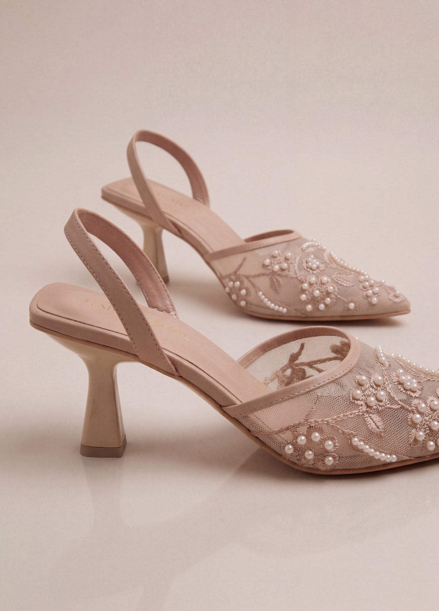 Alara nude floral embellished slingback heels detail close up Pakistan — Laal Mahal