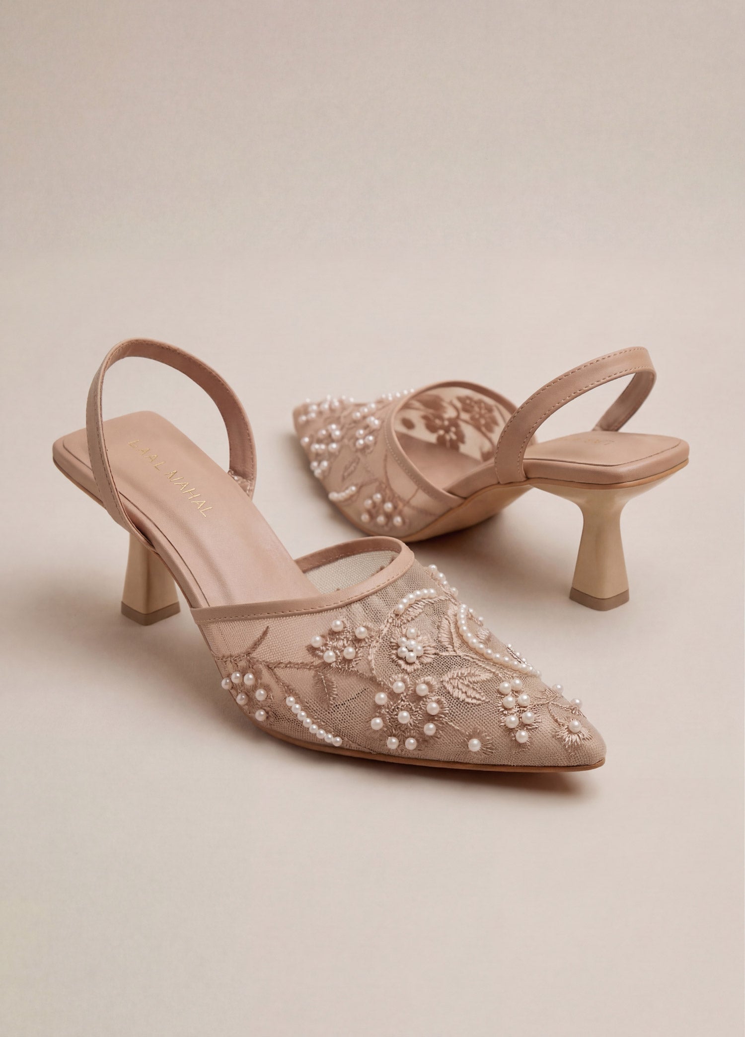 Alara nude embellished slingback heels pair flat lay Pakistan — Laal Mahal