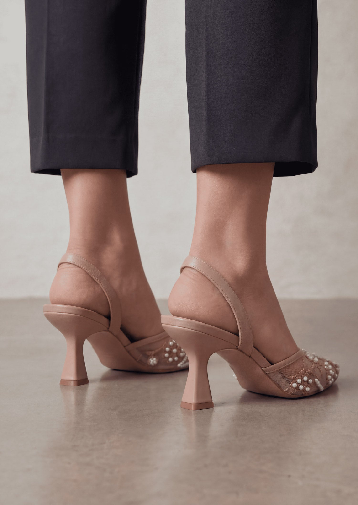 Alara nude embellished slingback heels worn close up Pakistan — Laal Mahal