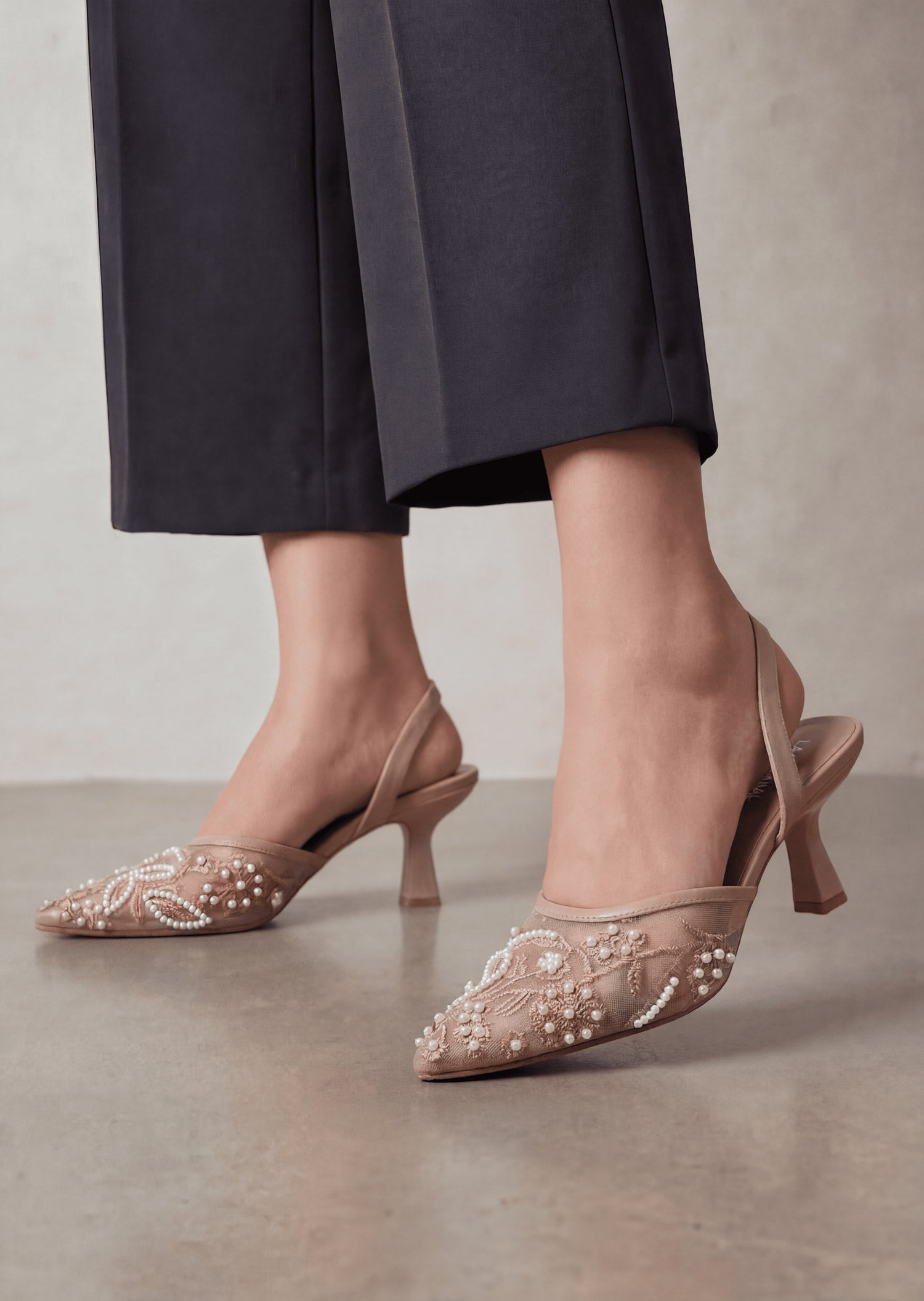 Alara nude embellished slingback heels worn with grey trousers Pakistan — Laal Mahal